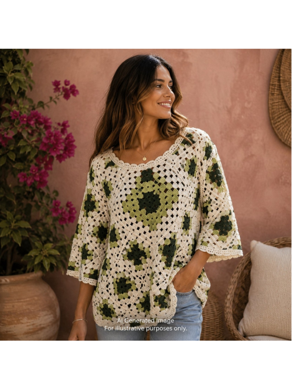 POL Crochet Granny Square Top Green Cream Oversized Boho Festival One Size NWT
